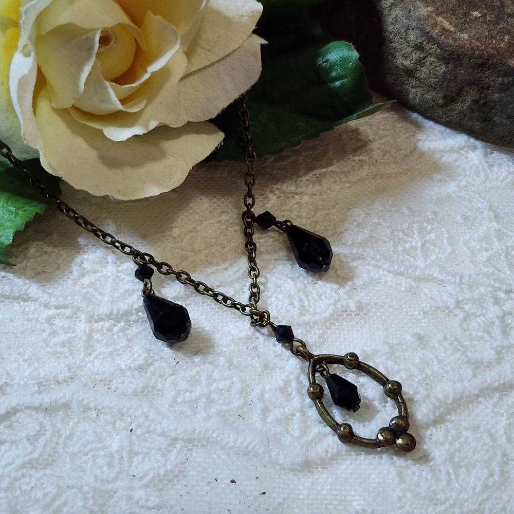 Vintage-Inspired Dainty Black and Antiqued Bronze Colored Y Necklace